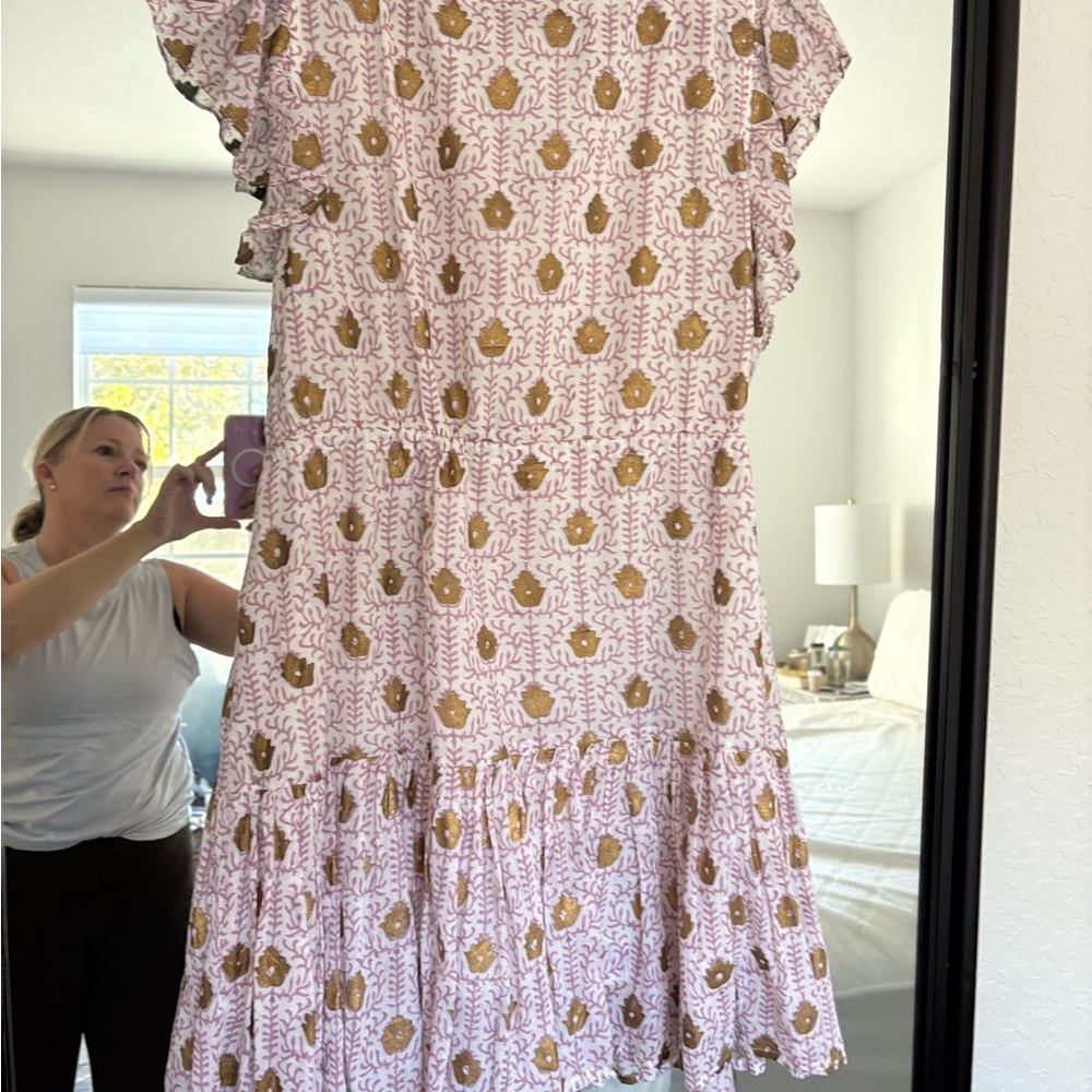 Oliphant Pink and Gold Floral Tie-Neck Dress - Picture 2 of 4